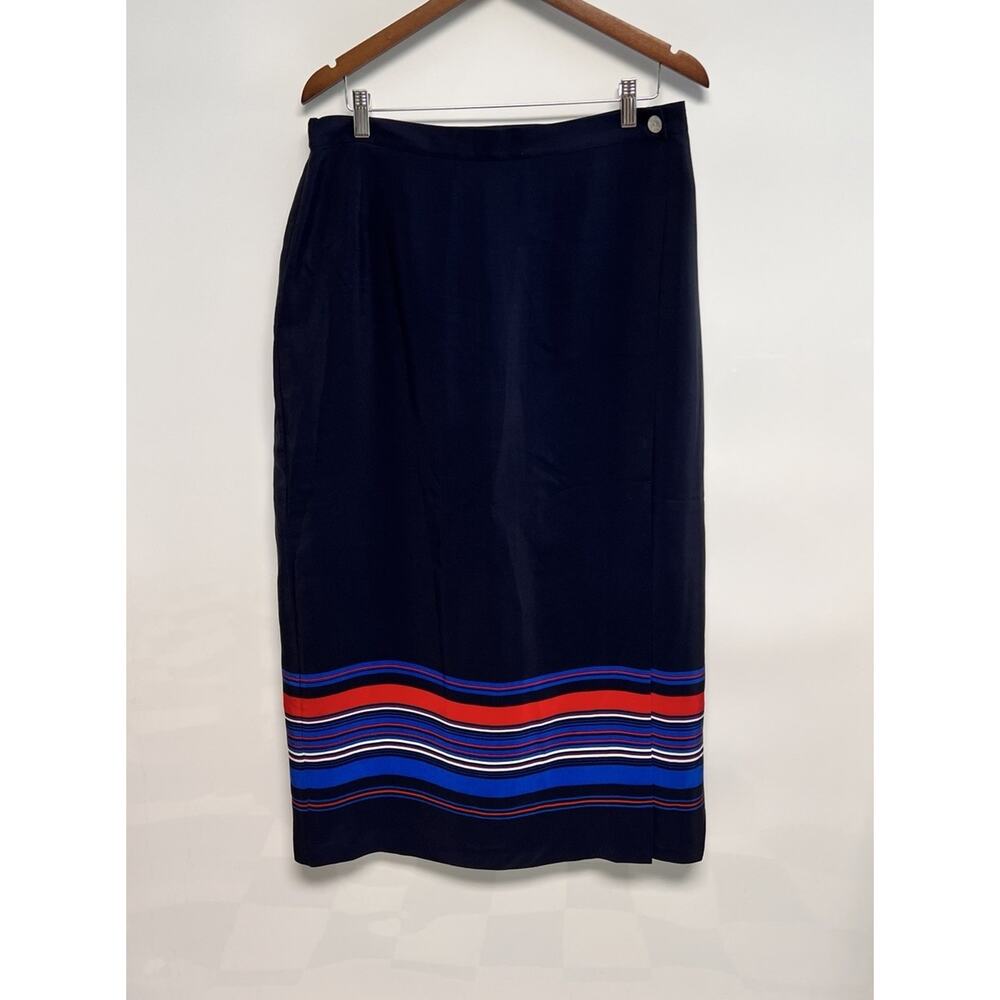 Vtg 100% Silk Sz 14‎ W Red white Blue Long Wrap Maxi Skirt Old Money Equestrian
